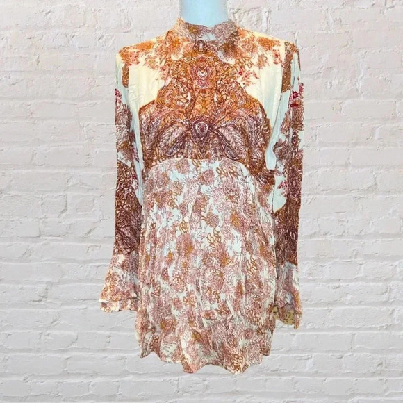 Free People Lady Luck Floral Printed Pink Tunic Dress will long Bell Sleeves Siz - Picture 3 of 9